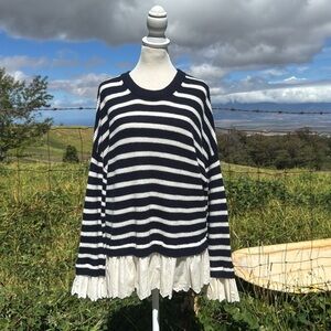 Boden Navy White Catherine Woven Fluffy Sweater Striped Ruffle Preppy Broderie